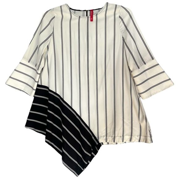 IC by Connie K Asymmetric Lagenlook Top Small Black White Stripe Artsy Tunic NWT - Picture 11 of 11